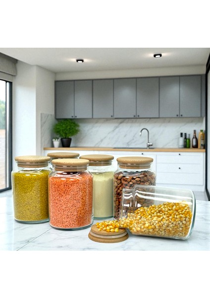 6'lı Ahşap Vakum Kapaklı 800 ml Cam Bakliyat Saklama Kavanozu Seti Etiket Hediyeli
