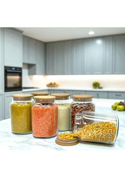 6'lı Ahşap Vakum Kapaklı 800 ml Cam Bakliyat Saklama Kavanozu Seti Etiket Hediyeli