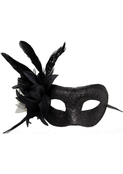 Nessiworld Siyah Renk Yandan Tüylü Pul Payet Işlemeli Parti Maskesi 23X12 cm