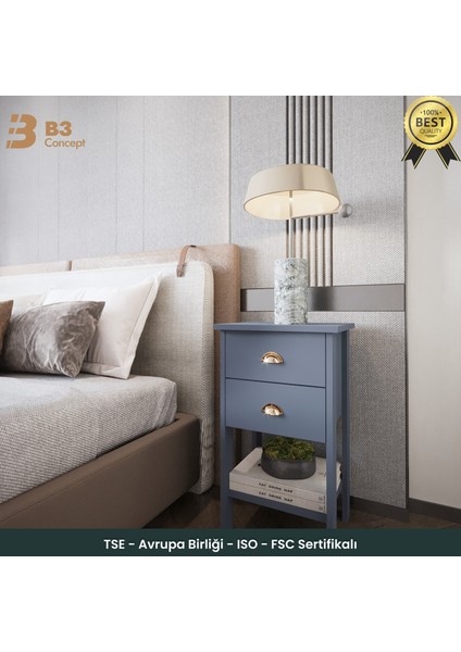 Retro Serisi Özel Tasarım Yatak Yanı - Kolay Kurulum - Çift Çekmeceli Komodin Antrasit Gri