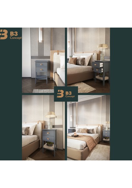 Retro Serisi Özel Tasarım Yatak Yanı - Kolay Kurulum - Çift Çekmeceli Komodin Antrasit Gri fiyatları