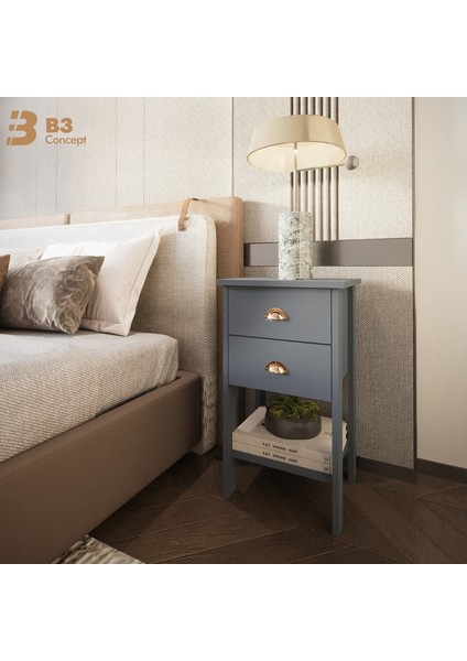 Retro Serisi Özel Tasarım Yatak Yanı - Kolay Kurulum - Çift Çekmeceli Komodin Antrasit Gri fırsatları
