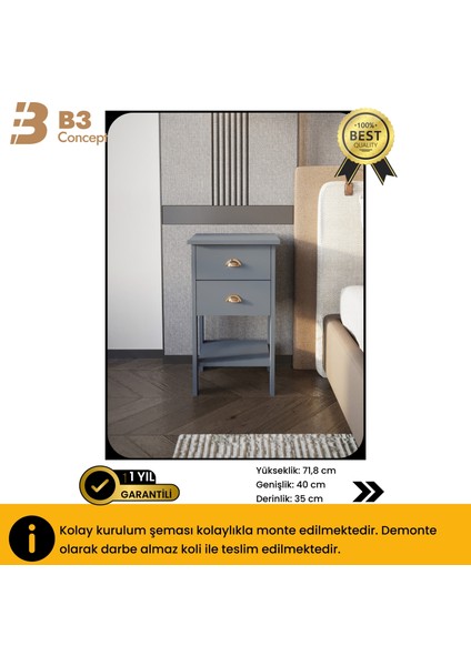 Retro Serisi Özel Tasarım Yatak Yanı - Kolay Kurulum - Çift Çekmeceli Komodin Antrasit Gri indirimleri