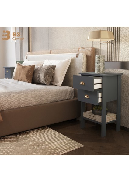 Retro Serisi Özel Tasarım Yatak Yanı - Kolay Kurulum - Çift Çekmeceli Komodin Antrasit Gri