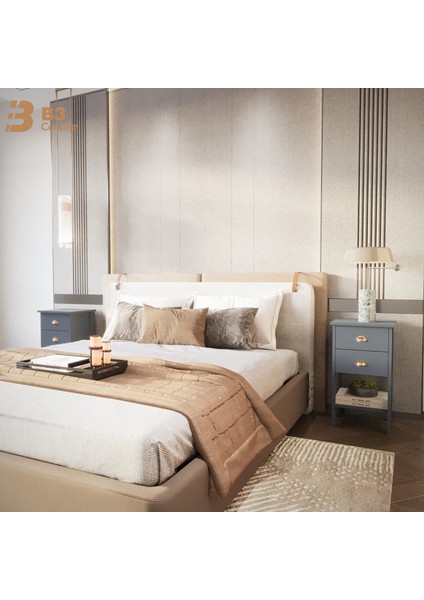 Retro Serisi Özel Tasarım Yatak Yanı - Kolay Kurulum - Çift Çekmeceli Komodin Antrasit Gri