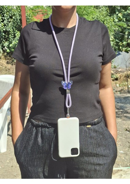 Tüm Kılıflara Uyumlu Lila Kelebek Telefon Boyun Askısı modelleri