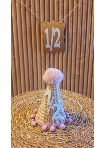 Yarım Yaş 6 Ay Şapka Jüt Kumaş Pembe Ponponlu Şapka Doğum Günü Şapkası 6 Ay Ponponlu Çuval Kumaşlı