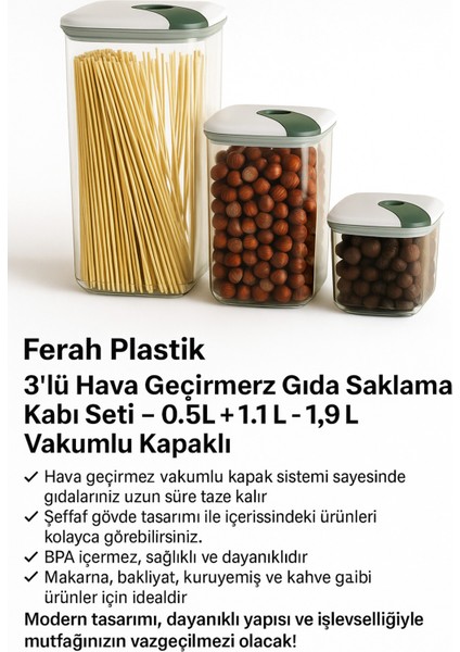 3'lü Çok Renkli Hava Geçirmez Gıda Saklama Kabı Seti, Vakumlu Kapak, 0.5l-1.1l-1.9l