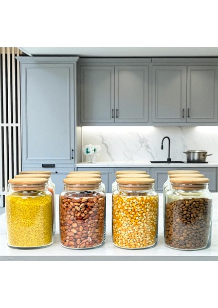 12'li Ahşap Vakum Kapaklı 800 ml Cam Bakliyat Saklama Kavanozu Seti Etiket Hediyeli