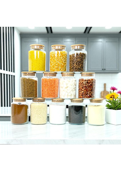 12'li Ahşap Vakum Kapaklı 800 ml Cam Bakliyat Saklama Kavanozu Seti Etiket Hediyeli fiyatları