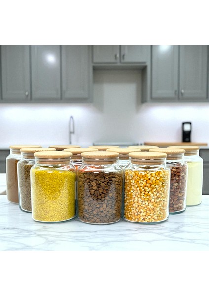 12'li Ahşap Vakum Kapaklı 800 ml Cam Bakliyat Saklama Kavanozu Seti Etiket Hediyeli modelleri