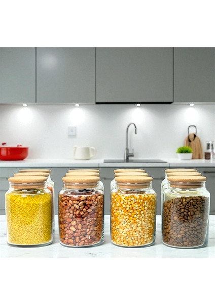 12'li Ahşap Vakum Kapaklı 800 ml Cam Bakliyat Saklama Kavanozu Seti Etiket Hediyeli fırsatları