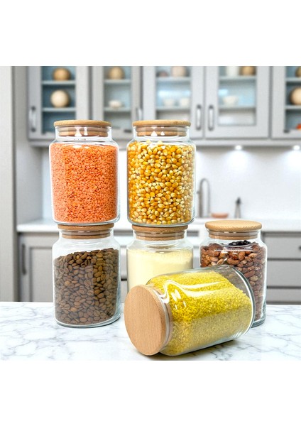 12'li Ahşap Vakum Kapaklı 800 ml Cam Bakliyat Saklama Kavanozu Seti Etiket Hediyeli indirimleri