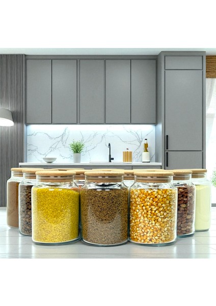 12'li Ahşap Vakum Kapaklı 800 ml Cam Bakliyat Saklama Kavanozu Seti Etiket Hediyeli