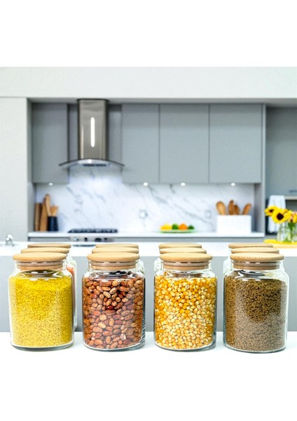 12'li Ahşap Vakum Kapaklı 800 ml Cam Bakliyat Saklama Kavanozu Seti Etiket Hediyeli