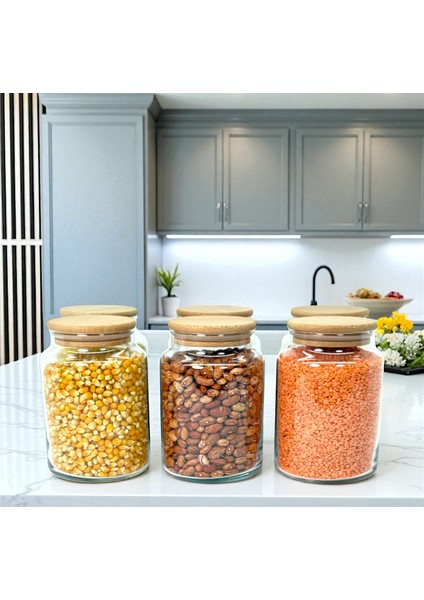 12'li Ahşap Vakum Kapaklı 800 ml Cam Bakliyat Saklama Kavanozu Seti Etiket Hediyeli