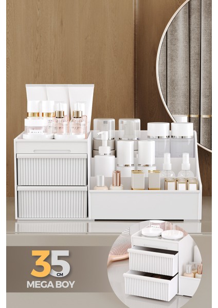 Gri Renkli, 35CM, 6 Bölmeli Şık Kozmetik Organizer, Düzenli ve Şeffaf Tasarım