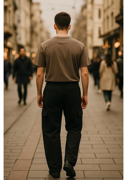 Erkek Bol Paça Kargo Cepli Siyah Kot Pantolon modelleri