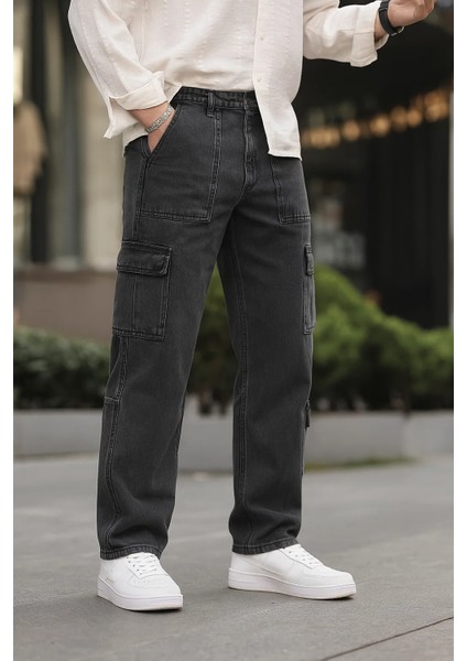 Erkek Bol Paça Kargo Cepli Füme Kot Pantolon