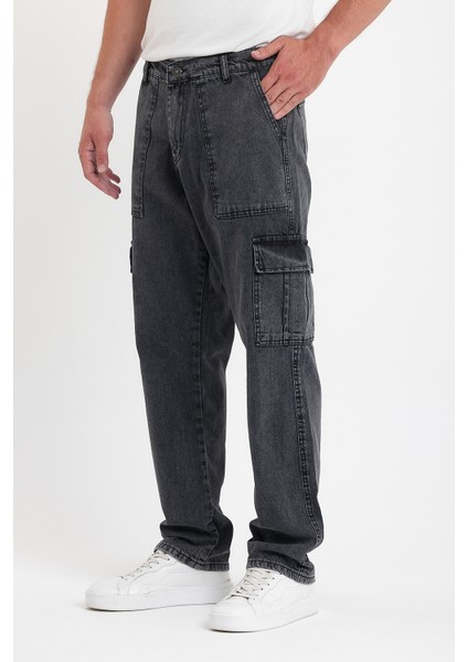 Erkek Bol Paça Kargo Cepli Füme Kot Pantolon