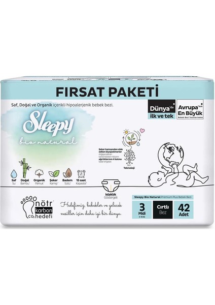 Nessiworld Sleepy Bio Natural Bebek Bezi Fırsat Paketi 3 Beden 42 Adet