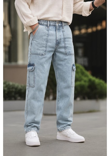 Erkek Bol Paça Kargo Cepli Buz Mavi Kot Pantolon fiyatları