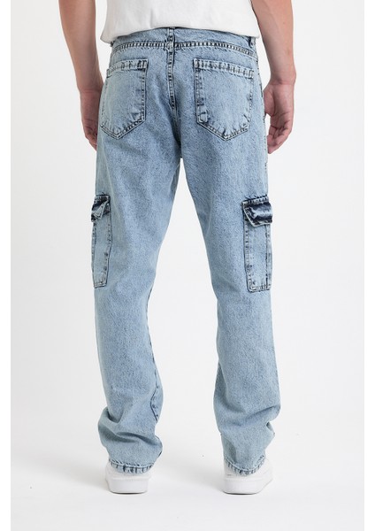 Erkek Bol Paça Kargo Cepli Buz Mavi Kot Pantolon modelleri