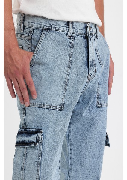 Erkek Bol Paça Kargo Cepli Buz Mavi Kot Pantolon fırsatları