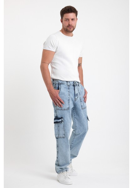 Erkek Bol Paça Kargo Cepli Buz Mavi Kot Pantolon indirimleri