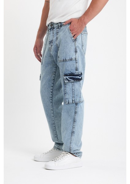 Erkek Bol Paça Kargo Cepli Buz Mavi Kot Pantolon