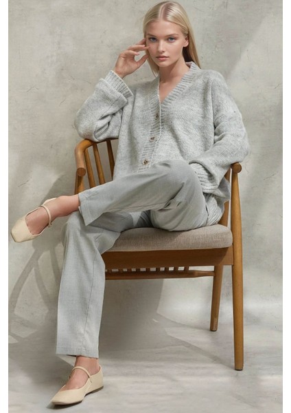 Kadın Kalın V-Yaka Örgü Hırka Gri
