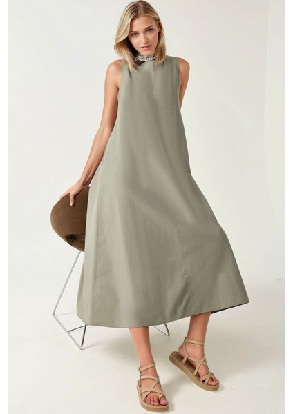 Kadın Mixray Collection Bisiklet yaka, kolsuz A-Form Maxi Elbise Green