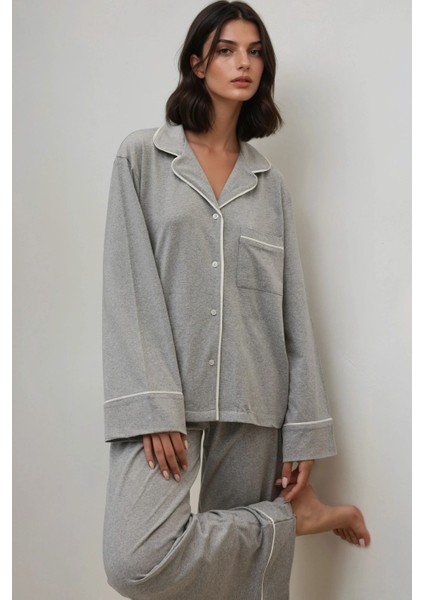 Kadın Yumuşak Pamuklu Örme Pijama Takımı Grey