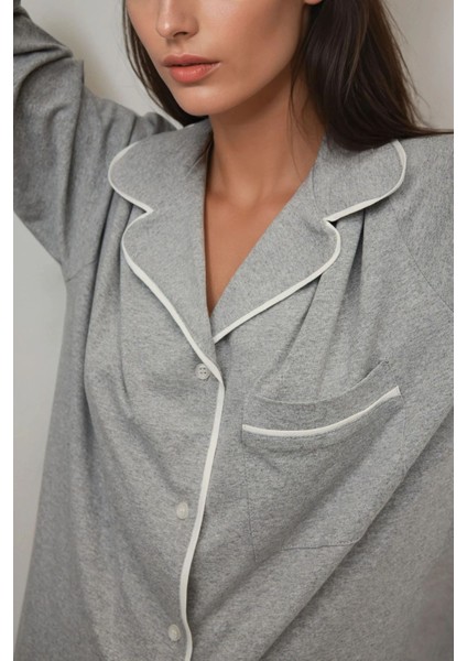 Kadın Yumuşak Pamuklu Örme Pijama Takımı Grey