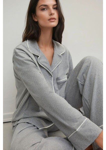 Kadın Yumuşak Pamuklu Örme Pijama Takımı Grey