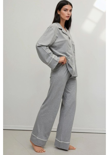 Kadın Yumuşak Pamuklu Örme Pijama Takımı Grey