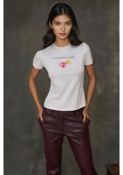 Kadın Kadın Bisiklet Yaka Kısa Kollu Önü Baskılı Pamuklu T-Shirt Pembe