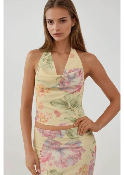 Kadın Choker Yaka Çiçekli Bluz Çok Renkli