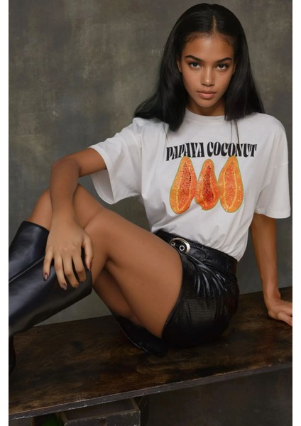 Kadın Kadın %100 Pamuk Bisiklet Yaka Oversize Beyaz Baskılı T-Shirt Orange