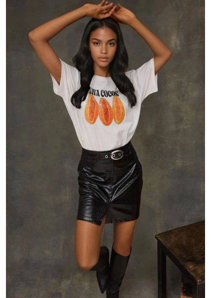 Kadın Kadın %100 Pamuk Bisiklet Yaka Oversize Beyaz Baskılı T-Shirt Orange