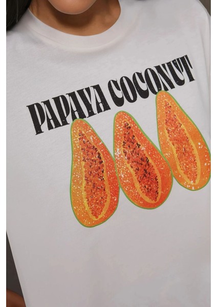 Kadın Kadın %100 Pamuk Bisiklet Yaka Oversize Beyaz Baskılı T-Shirt Orange