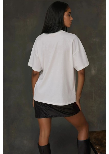 Kadın Kadın %100 Pamuk Bisiklet Yaka Oversize Beyaz Baskılı T-Shirt Orange