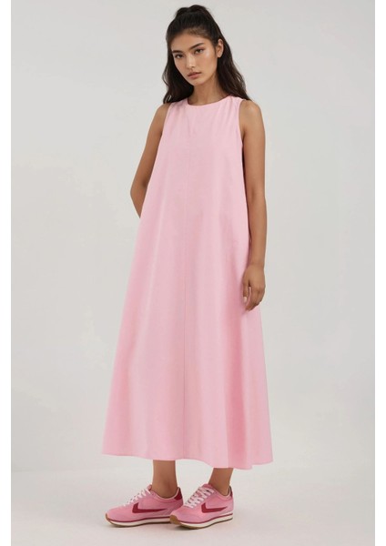 Kadın Mixray Collection Bisiklet yaka, kolsuz A-Form Maxi Elbise Karanfil Pembesi