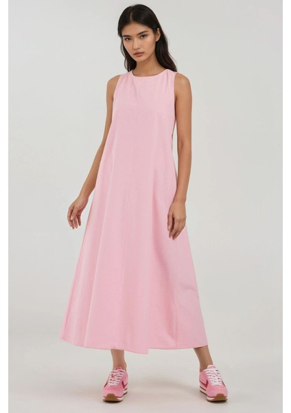 Kadın Mixray Collection Bisiklet yaka, kolsuz A-Form Maxi Elbise Karanfil Pembesi