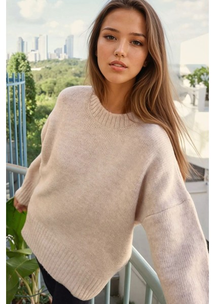 Kadın Kalın Örgü Düz Yaka Kazak Natural