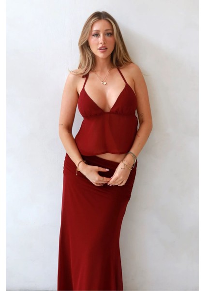 Kadın Gabrielle Derin V-Yaka Bluz Red