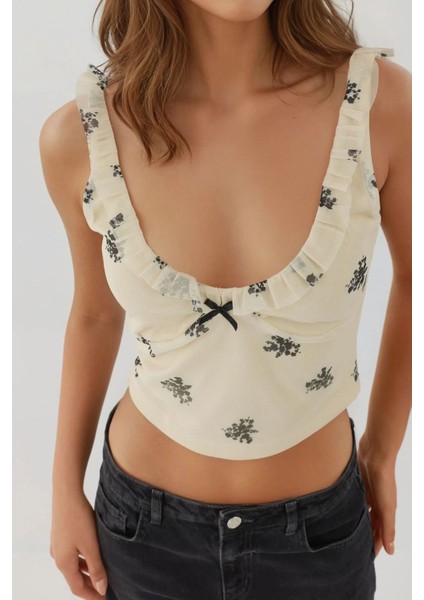 Kadın U Yaka Desenli Kısa Atlet Natural