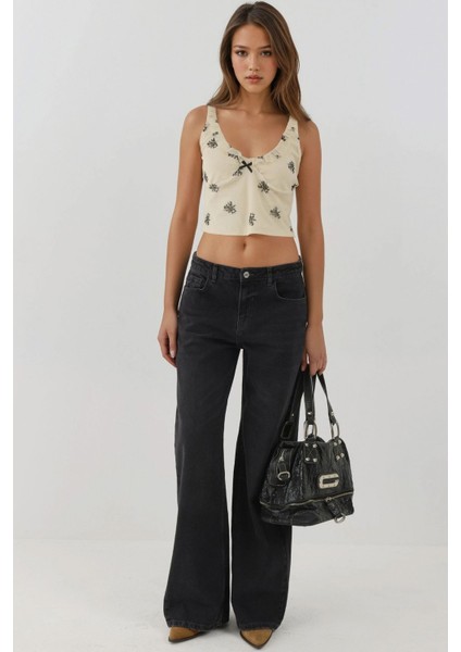 Kadın U Yaka Desenli Kısa Atlet Natural