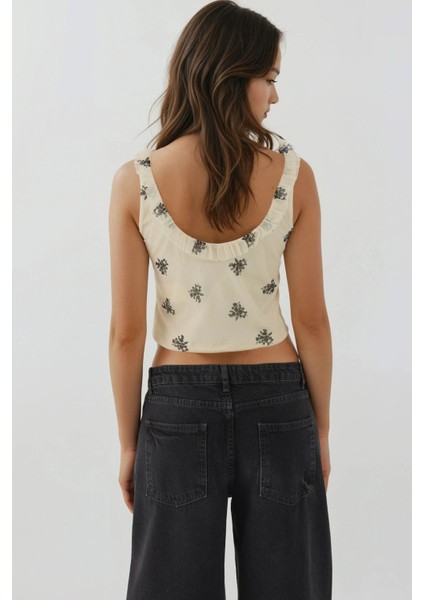 Kadın U Yaka Desenli Kısa Atlet Natural