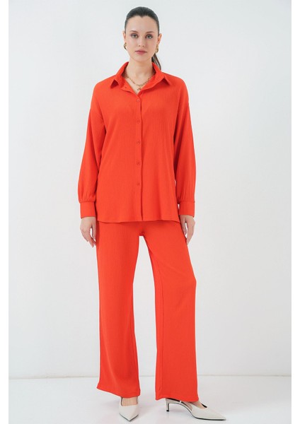 Kadın BDART Düğmeli Yaka ile Doku Detaylı Uzun Kollu Triko Takım Parlak Turuncu